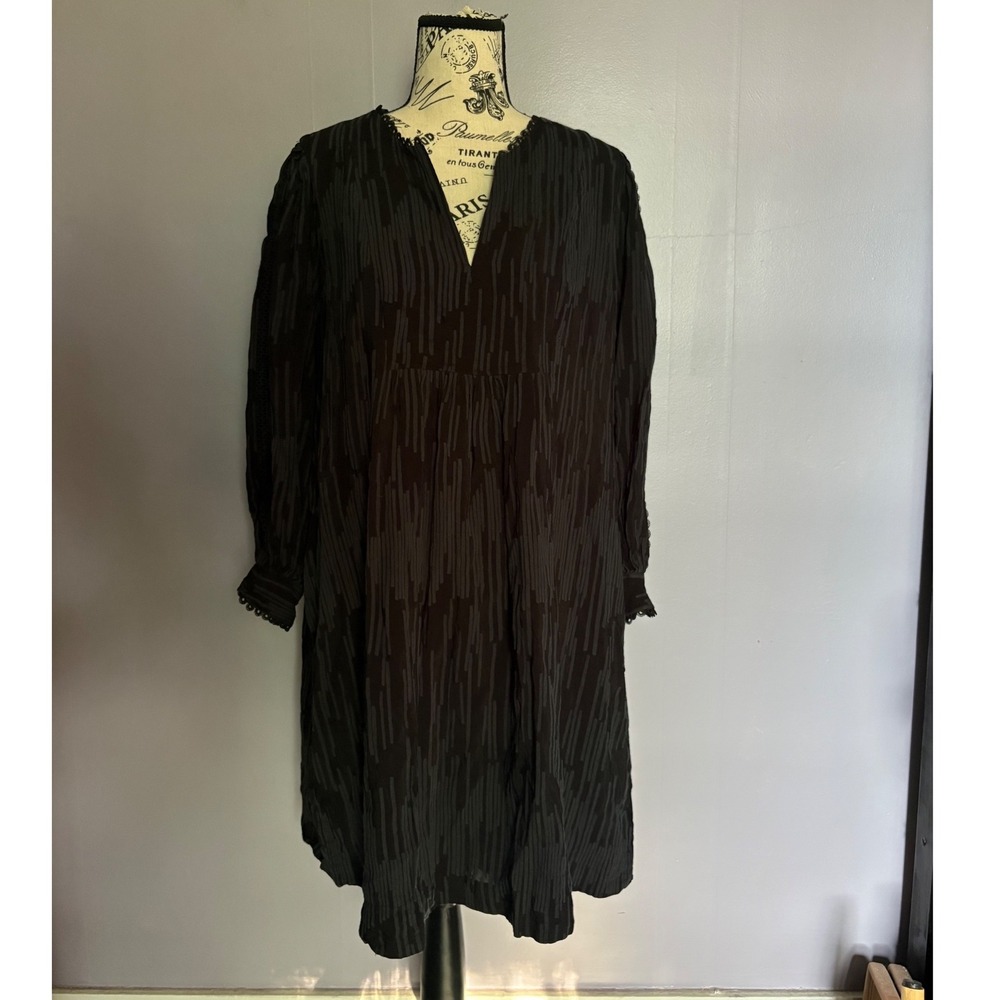 Whimsygoth Ann Taylor Black Abstract Stripe Lace Trim V-Neck Shift Dress Size 14